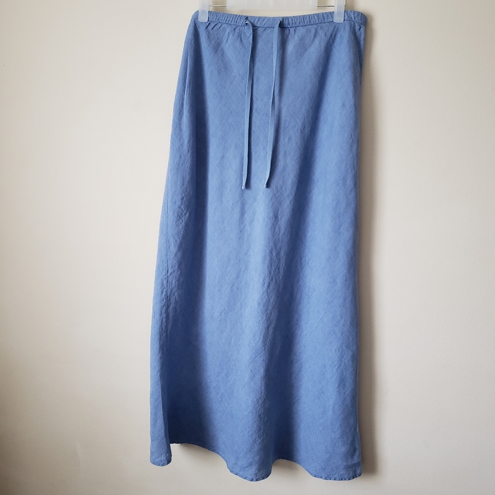 Kate Hill 100% Linen Drawstring Elastic Waist A-Line Maxi Skirt Blue Size L